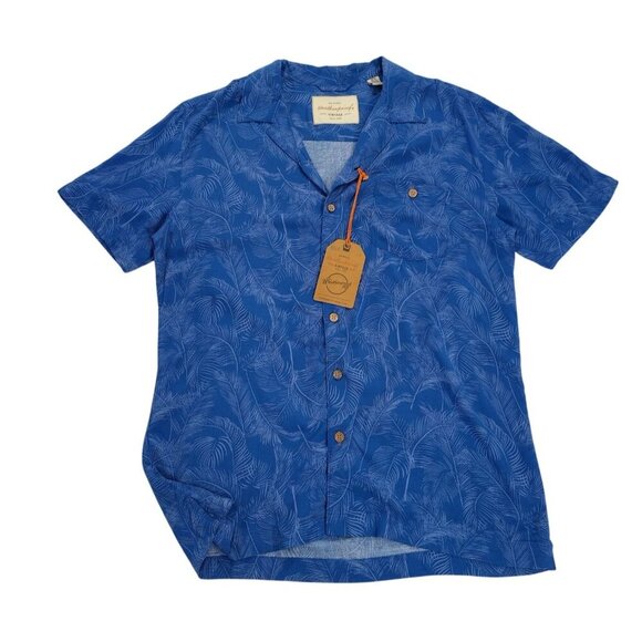 Weatherproof Vintage Mens Blue Tropical Leaf Print Short Sleeve Button-Up Shirt. - Picture 4 of 7
